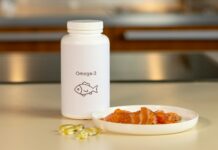 유익한 균형, 장건강과 면역 a bowl of fish next to a bottle of vitamins